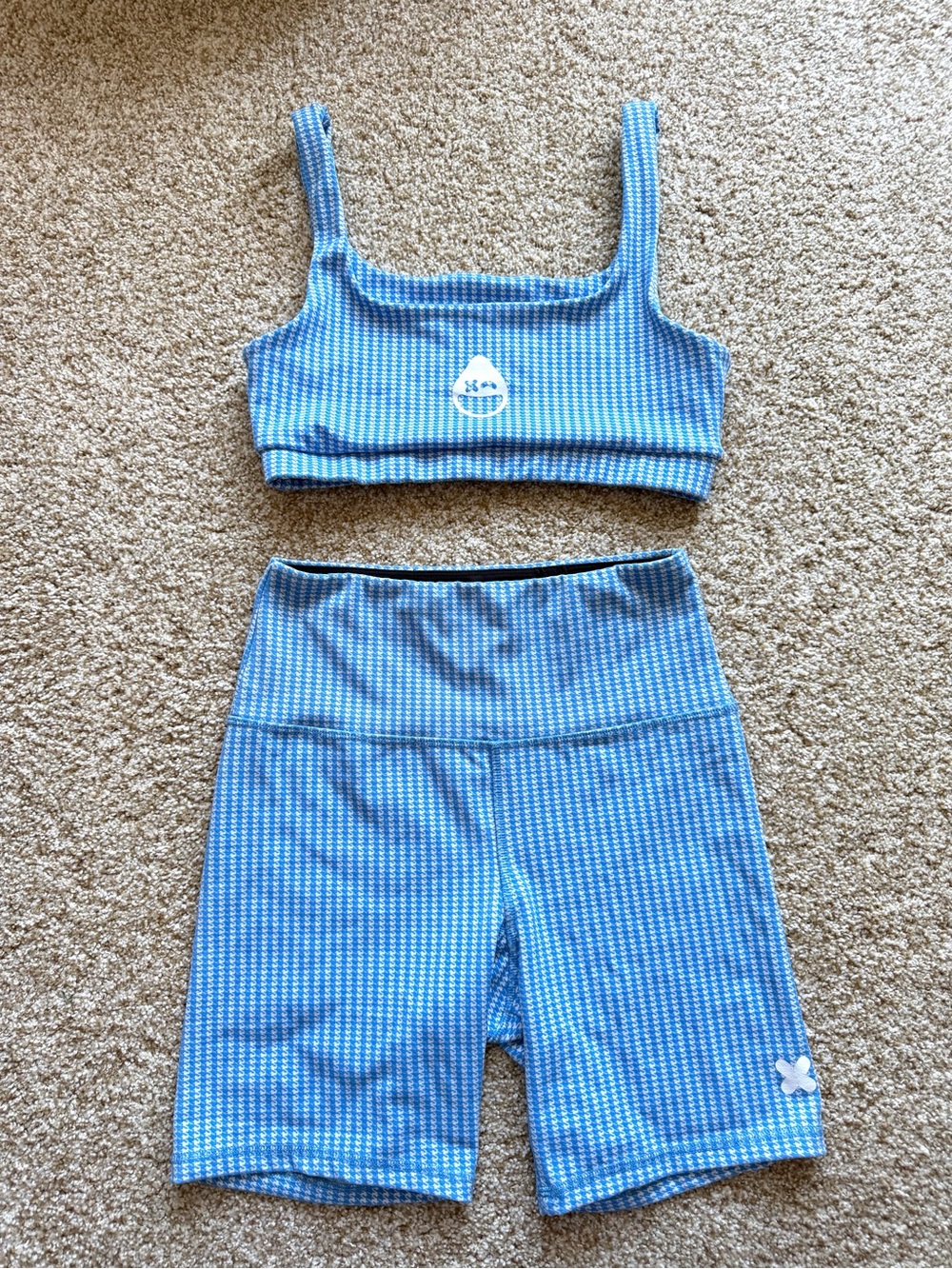 Strut This Workout Set Blue Gingham Houndstooth Bike Shorts and Sports Bra XL